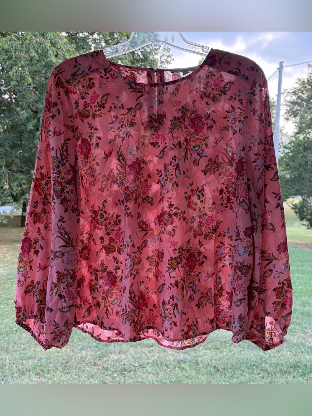 LOFT Pink Floral Sheer Long-Sleeve Blouse with Elastic Cuffs